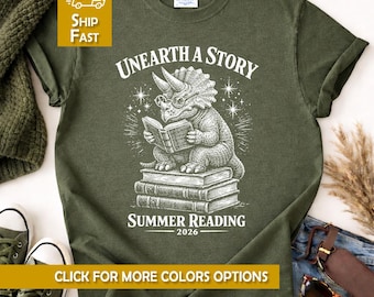 Funny Unearth The Story Summer Reading 2026 Shirt Retro Triceratops Book Lover Tee Dinosaur Library Program Kids Librarian Gift For Youth