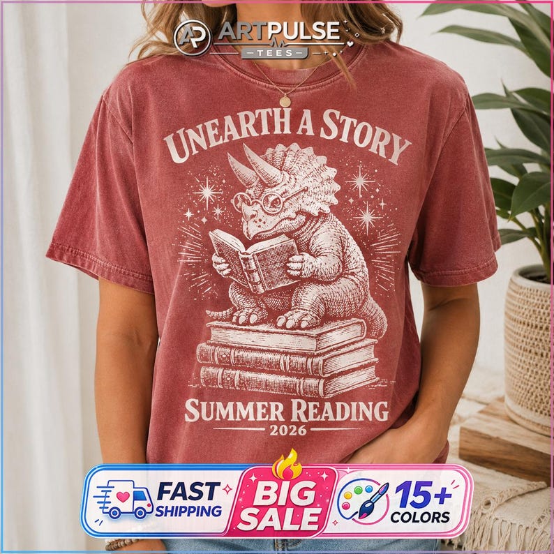 Comfort Colors Summer Reading 2026 Shirt Unearth The Story Dinosaur Book Lover Teacher Librarian Student Back to School Retro Reading Gift image 1