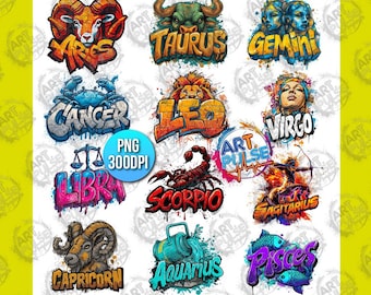 12 Zodiac Bundle Graffiti Zodiac Horoscopes Sublimation Design PNG, Zodiac Signs Queen Design Bundle PNG, Astrology horoskop png Shirt PNG