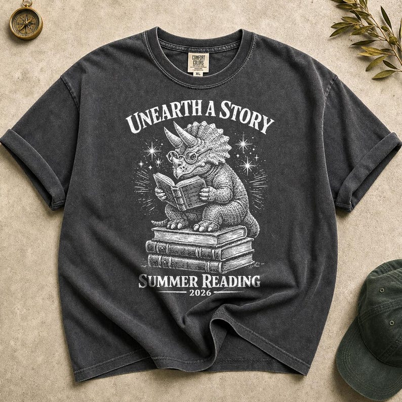 Comfort Colors Summer Reading 2026 Shirt Unearth The Story Dinosaur Book Lover Teacher Librarian Student Back to School Retro Reading Gift image 12
