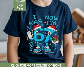I Was 6 Now I'm 7 Shirt Funny 7th birthday Brainrot Christmas Kids Tshirt Six Seven Pixel Gamer Bday Gift For child Turning 7 Party T-Shirt