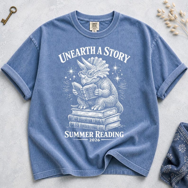 Comfort Colors Summer Reading 2026 Shirt Unearth The Story Dinosaur Book Lover Teacher Librarian Student Back to School Retro Reading Gift image 8