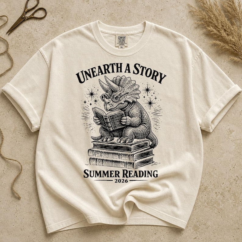Comfort Colors Summer Reading 2026 Shirt Unearth The Story Dinosaur Book Lover Teacher Librarian Student Back to School Retro Reading Gift image 9
