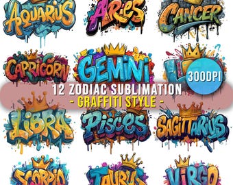Ensemble PNG Graffiti Zodiac : clipart style aérographe (téléchargement numérique)