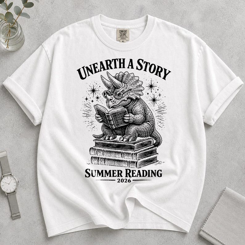 Comfort Colors Summer Reading 2026 Shirt Unearth The Story Dinosaur Book Lover Teacher Librarian Student Back to School Retro Reading Gift image 11