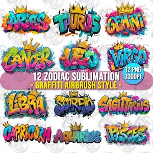12 Bundle du zodiaque Graffiti zodiaque horoscope Sublimation Design PNG, signe du zodiaque Reine Design Bundle PNG, astrologie horoscope PNG Clipart