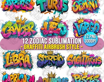 Zodiac Png Files Pack Funny Graffiti Bundle Astrology Horoscopes Sublimation Airbrush Zodiac Sign Graphic For DTG DTF Print horoskop Clipart