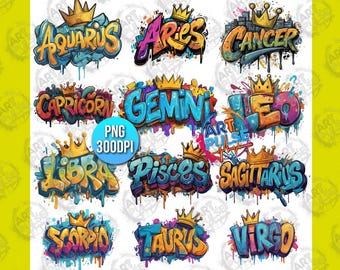 Funny Zodiac Png Files Graffiti Zodiac Clipart Horoscop Sublimation Digital Bundle Airbrush graphics Signs Pack Queen Astrology horoskop DTG