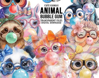 10 Kawaii Animal Bubble Gum PNG Clipart Bundle: Watercolor Sublimation Bubblegum Designs (Digital Download)