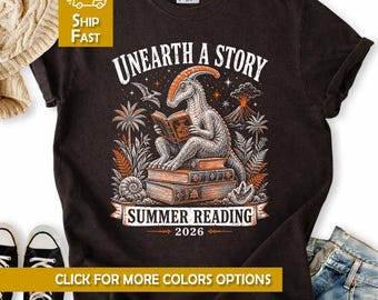 Unearth The Story Summer Reading 2026 Shirt Funny Dinosaur Book Lover Tee Retro Library Program Gift Teacher Librarian Kids Reader Fan Clubs
