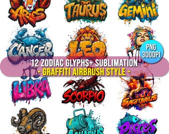 Ensemble PNG Graffiti Zodiac : clipart astrologie urbaine (téléchargement numérique)