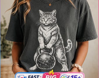 Divertente maglietta da palestra Comfort Colors® con gatto, maglietta vintage con kettlebell per allenamento, regalo umoristico per gli amanti del fitness e dei gatti e dell'allenamento di forza.