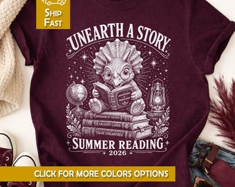 Funny Unearth The Story Summer Reading 2026 Shirt Retro Triceratops Book Lover Tee Dinosaur Library Program Kids Librarian Gift For Teacher