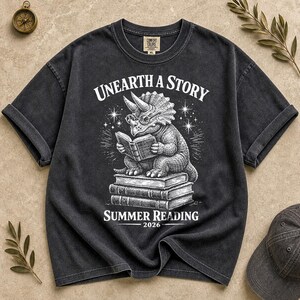 Comfort Colors Summer Reading 2026 Shirt Unearth The Story Dinosaur Book Lover Teacher Librarian Student Back to School Retro Reading Gift image 7