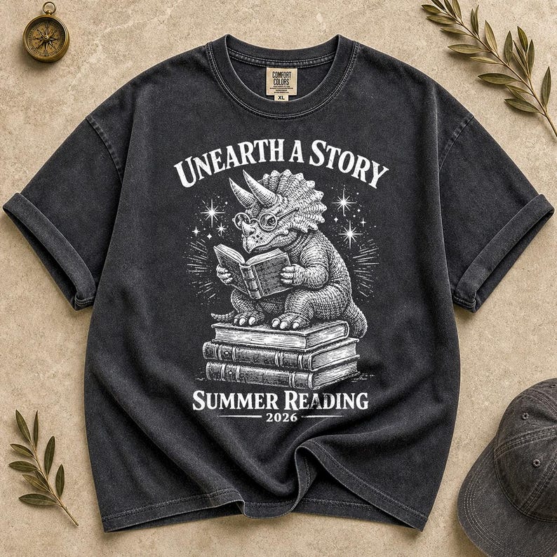 Comfort Colors Summer Reading 2026 Shirt Unearth The Story Dinosaur Book Lover Teacher Librarian Student Back to School Retro Reading Gift image 7