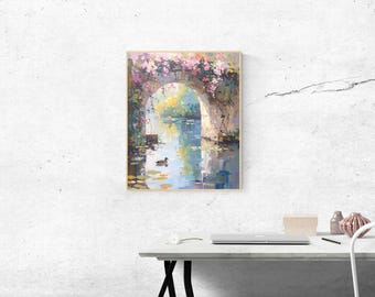 Monet Style Oil Painting Print, French Country Garden Pond Wall Art