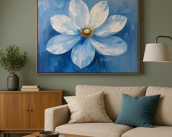 Blaue Blumenwandkunst, abstrakter botanischer Druck, ruhiges, modernes Dekor