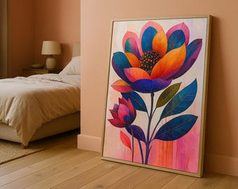 Vibrant Floral Canvas Art, Modern Botanical Wall Decor, Emerald Teal Gold Flower Painting