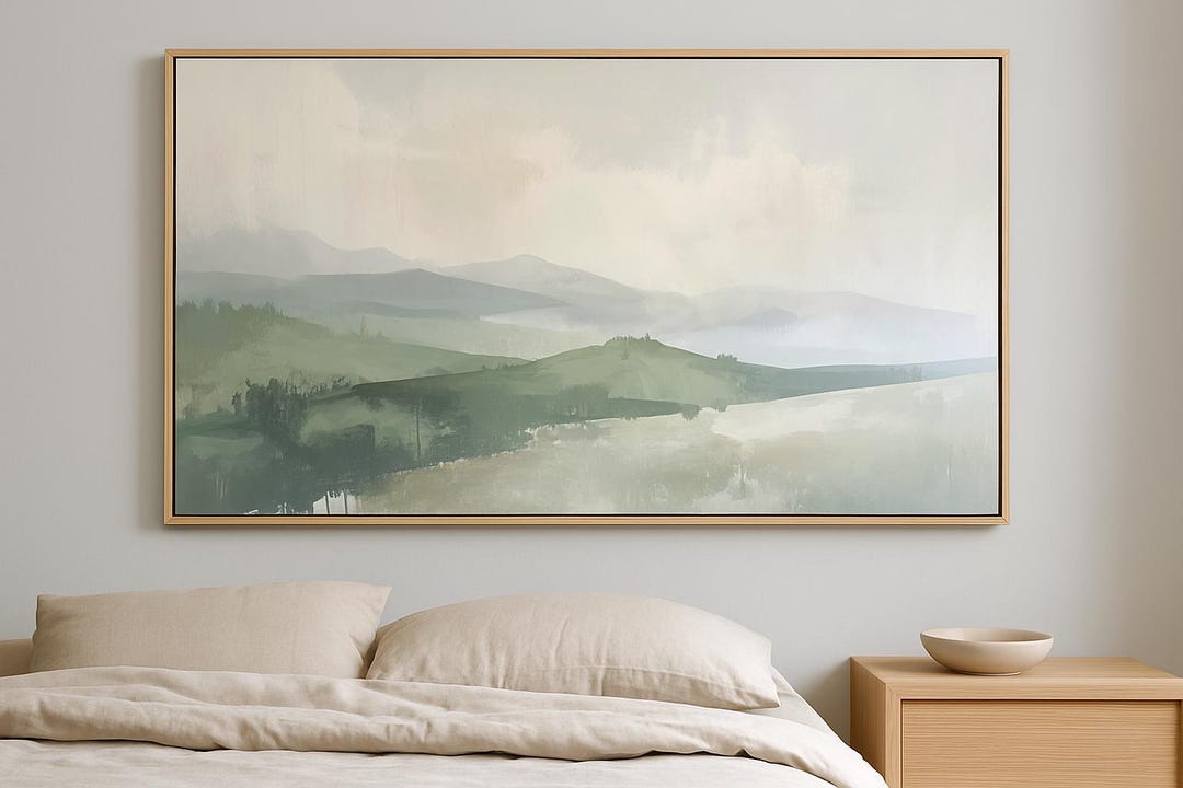 Sage Green Abstract Landscape Canvas Art, Minimalist Misty Hills Print ...