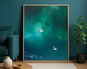 Minimalist Seagull Art Print, Teal Emerald Abstract Coastal Canvas, Surrealist Texture Painting