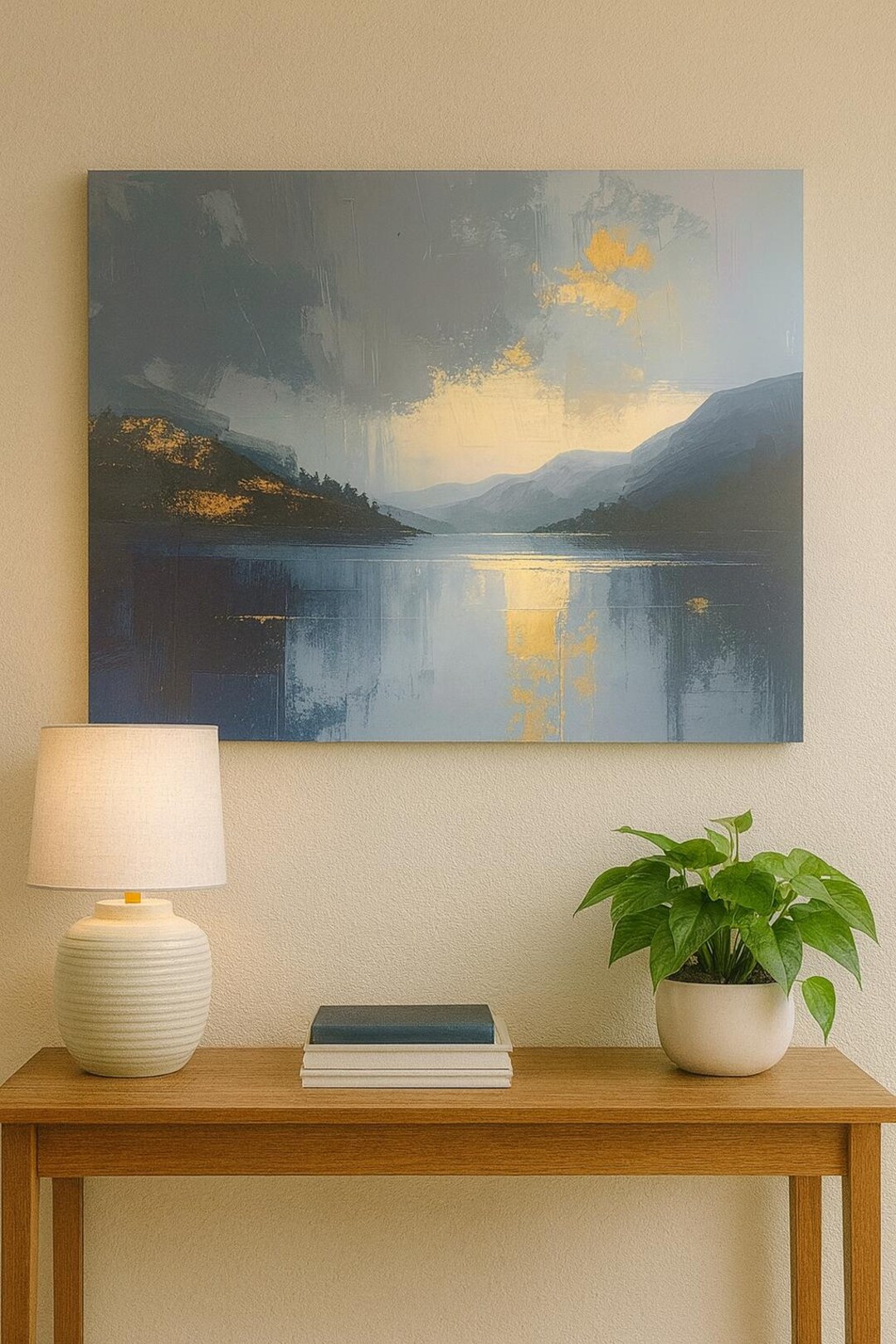 Abstract Mountain Lake Canvas Art – Blue Gold Landscape Painting, Dusk ...