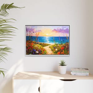 Coastal Wildflowers Framed Canvas Art: Rustic Beach House Decor