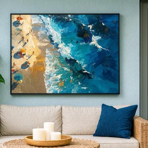 Vibrant Impressionist Beach Scene Canvas Art, Coastal Ocean Wall Decor