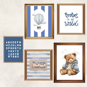 Blue Boy Nursery Art Set: Watercolor Teddy Bear, Hot Air Balloon (Digital Download)