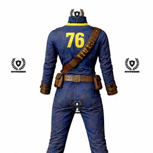 May include: Blue jumpsuit with the number 76 on the back, a brown belt, and matching pouches. The outfit includes brown boots and a yellow collar. The jumpsuit has a distressed appearance.