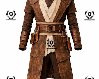 May include: A brown leather costume with a long coat, pants, and a belt with pouches. The costume has a layered design with a cream-colored inner layer and is displayed on a mannequin.