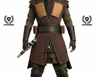May include: A brown and green costume with a lightsaber. The costume includes a long brown tunic, brown boots, and green pants. The costume also features brown shoulder pads and a wide brown belt. The lightsaber is silver and black.