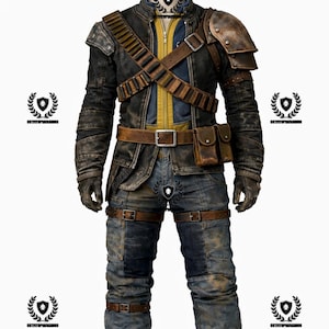 May include: A full-body shot of a post-apocalyptic outfit. The ensemble includes a distressed black leather jacket with a yellow and blue inner layer, matching pants, and combat boots. Brown leather straps and pouches add detail.