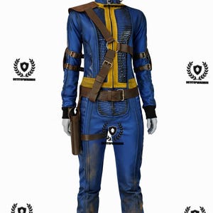 May include: Blue and yellow jumpsuit with brown leather straps and accents. The costume includes a utility belt, shoulder strap, and a holster. The boots are brown and worn. The outfit is a cosplay costume.