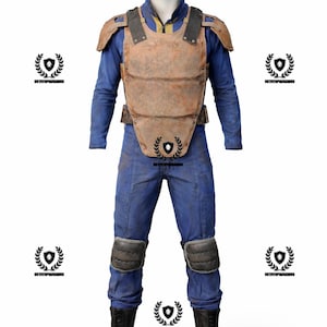 May include: A blue jumpsuit with a brown chest and shoulder armor, knee pads, and black boots. The outfit has a weathered appearance, suggesting a post-apocalyptic theme. The armor is riveted and worn.