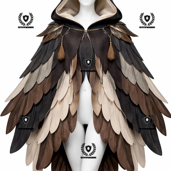 Vogel inspirierter Federflügel Poncho-Umhang, Vogelflügel-Kapuzenmantel, mittelalterliches Jägerumhang-Kostüm