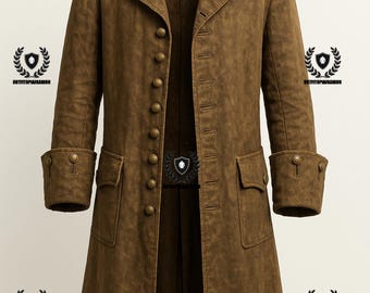 May include: A brown, long coat with a classic design. The coat features a button-down front, two front pockets, and buttoned cuffs. The coat is made of a textured material and has a tailored fit.