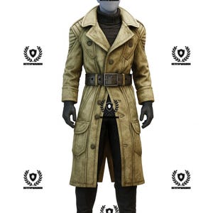 May include: A tan trench coat with a black belt, black gloves, and black pants. The coat has a double-breasted design with large buttons and pockets. The mannequin is wearing a black turtleneck and black boots.
