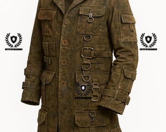 Inspired By Fallout Ghoul Wasteland Coat – Distressed Cotton Canvas Trench with Pockets & Metal Accents