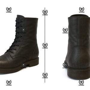 May include: Black leather combat boots with a lace-up design. The boots have a rounded toe and a sturdy sole. The image shows the boots from two angles, highlighting their construction and details. A classic style for various outfits.