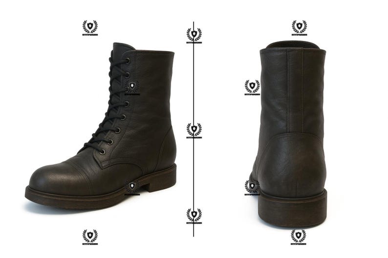May include: Black leather combat boots with a lace-up design. The boots have a rounded toe and a sturdy sole. The image shows the boots from two angles, highlighting their construction and details. A classic style for various outfits.
