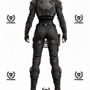 May include: A black tactical outfit, featuring a jacket with shoulder pads, a belt, and tactical pants. The outfit includes gloves, knee pads, and combat boots. The overall design suggests a military or law enforcement theme.