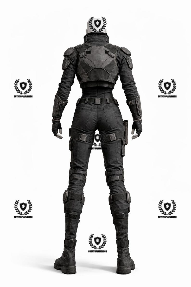 May include: A black tactical outfit, featuring a jacket with shoulder pads, a belt, and tactical pants. The outfit includes gloves, knee pads, and combat boots. The overall design suggests a military or law enforcement theme.
