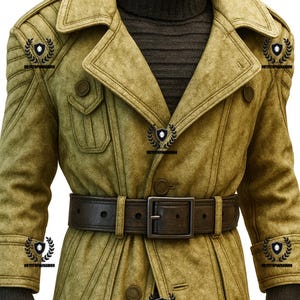 May include: A tan trench coat with a brown leather belt and a dark gray turtleneck. The coat has a classic design with large buttons, a wide collar, and shoulder detailing. The model is wearing black gloves.