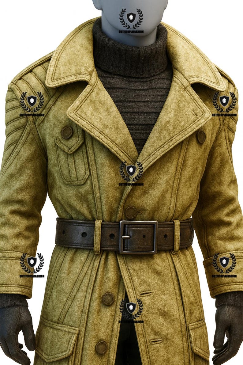 May include: A tan trench coat with a brown leather belt and a dark gray turtleneck. The coat has a classic design with large buttons, a wide collar, and shoulder detailing. The model is wearing black gloves.