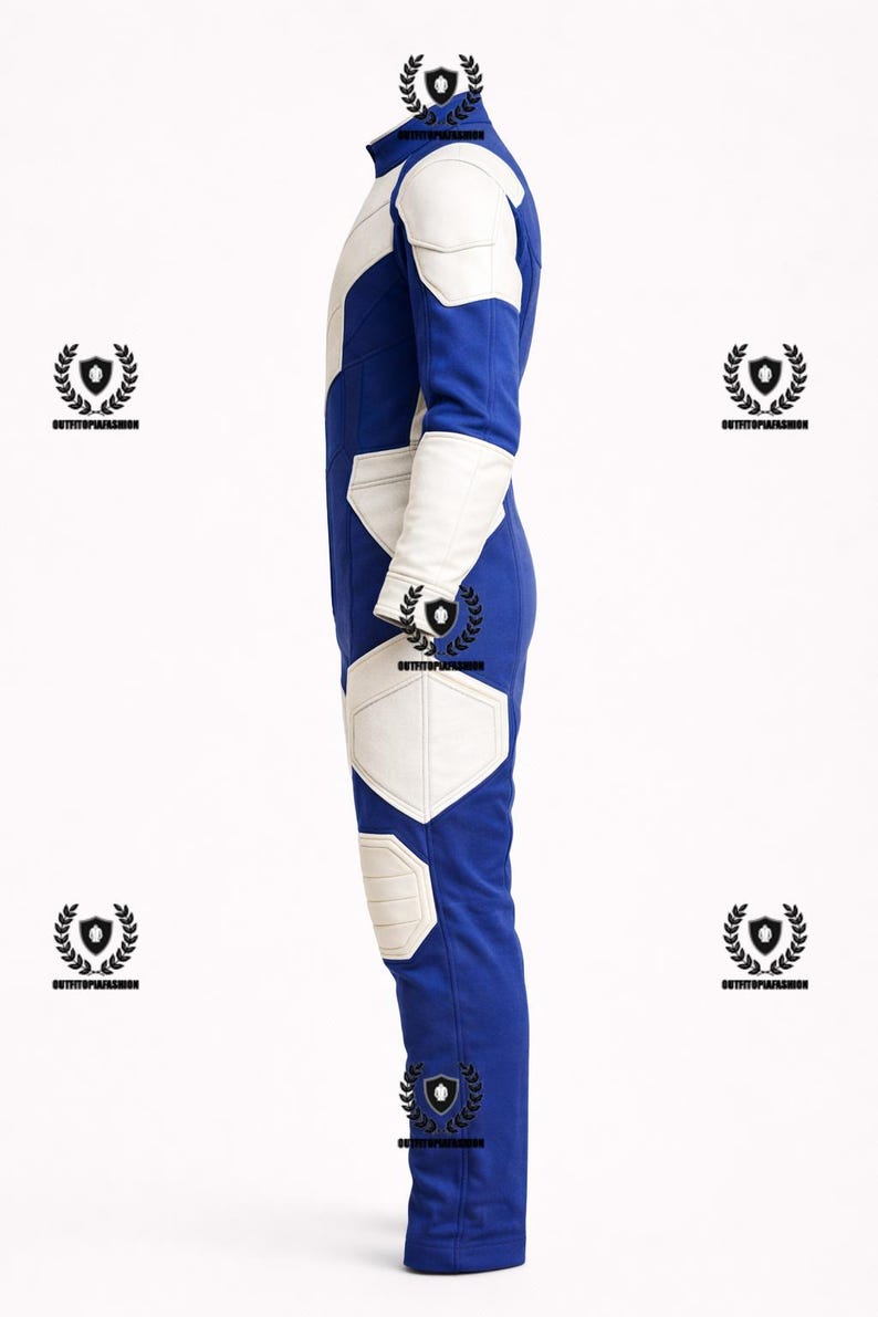 May include: Blue and white jumpsuit with a high collar. The suit features white accents on the shoulders, arms, and legs. The design includes white geometric shapes on the chest and knees. The overall style is sleek and modern.