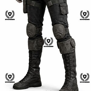 May include: Black tactical pants with cargo pockets, knee pads, and high-laced boots. The pants have a belt with a buckle. The boots are textured and have a rugged appearance. The overall style suggests a military or tactical theme.