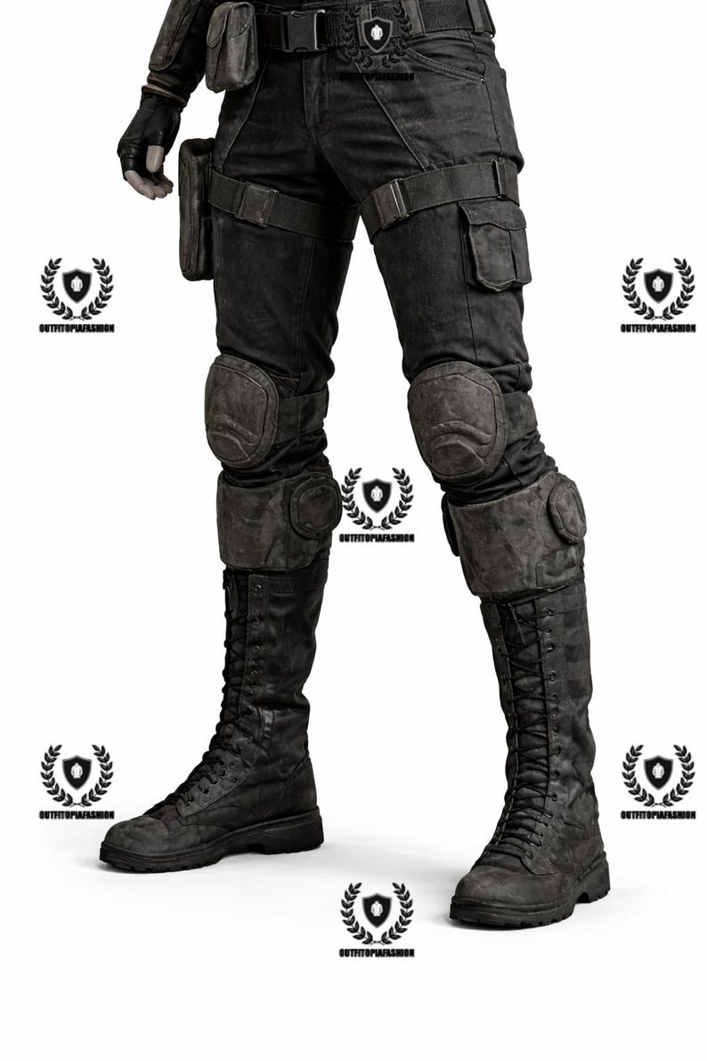 May include: Black tactical pants with cargo pockets, knee pads, and high-laced boots. The pants have a belt with a buckle. The boots are textured and have a rugged appearance. The overall style suggests a military or tactical theme.