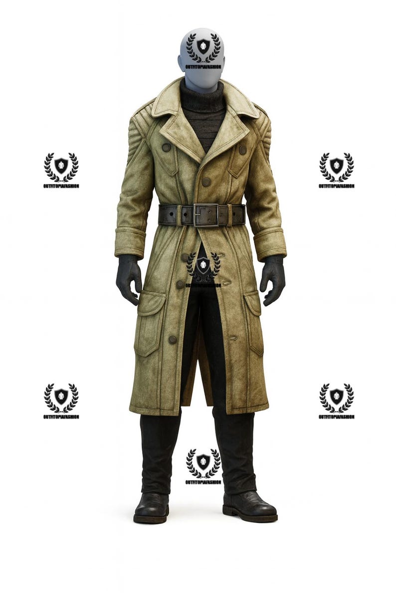 May include: A tan trench coat with a black belt, black gloves, and black pants. The coat has a double-breasted design with large buttons and pockets. The mannequin is wearing a black turtleneck and black boots.
