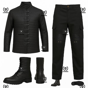 May include: A black leather jacket with a stand-up collar and button closures, paired with black cargo pants and matching black leather boots. The jacket has a quilted design. The boots are lace-up.