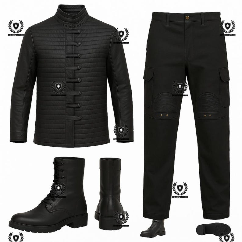 May include: A black leather jacket with a stand-up collar and button closures, paired with black cargo pants and matching black leather boots. The jacket has a quilted design. The boots are lace-up.